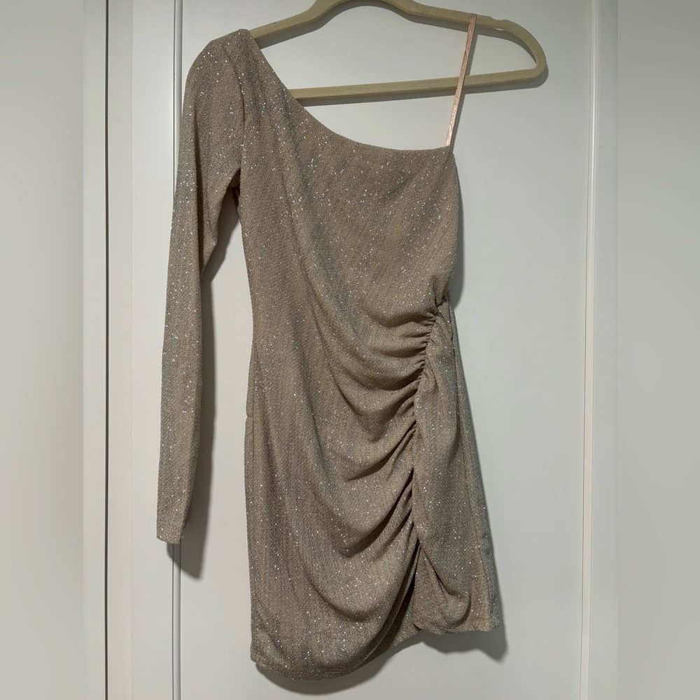Jump Apparel party dress for tweens. One-shoulder, sparkly, ruched in the front.